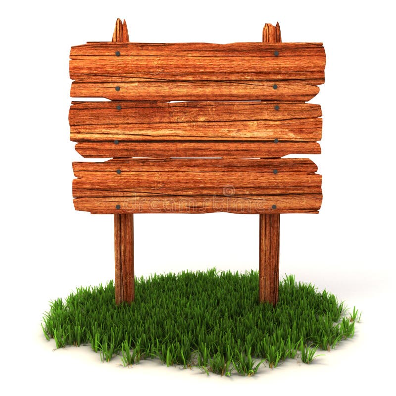 Old wooden billboard on the grass isolated on white background