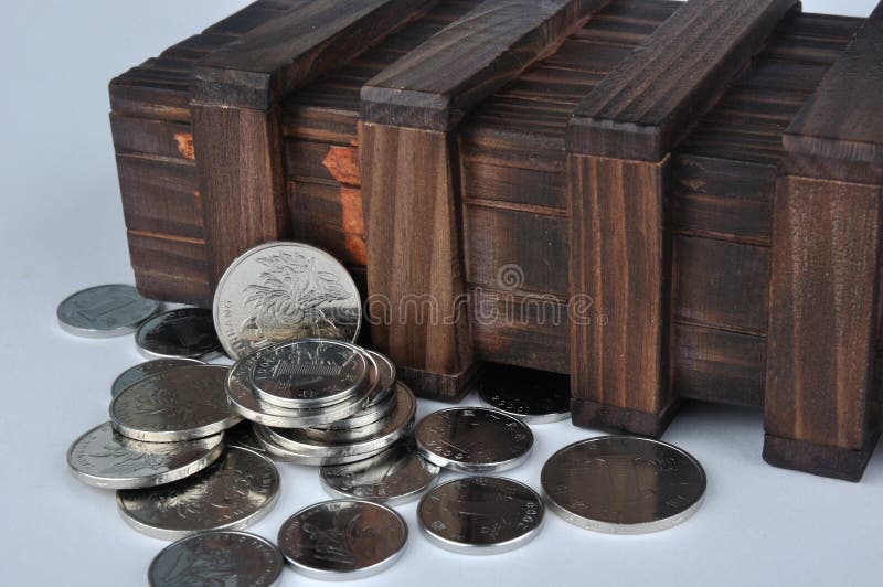 Old wooden box and coins stock image. Image of collect 13223853
