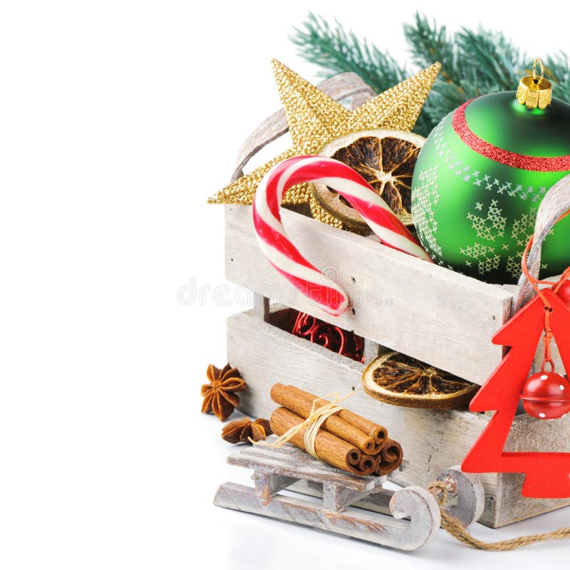 Old wooden box with colorful Christmas decorations