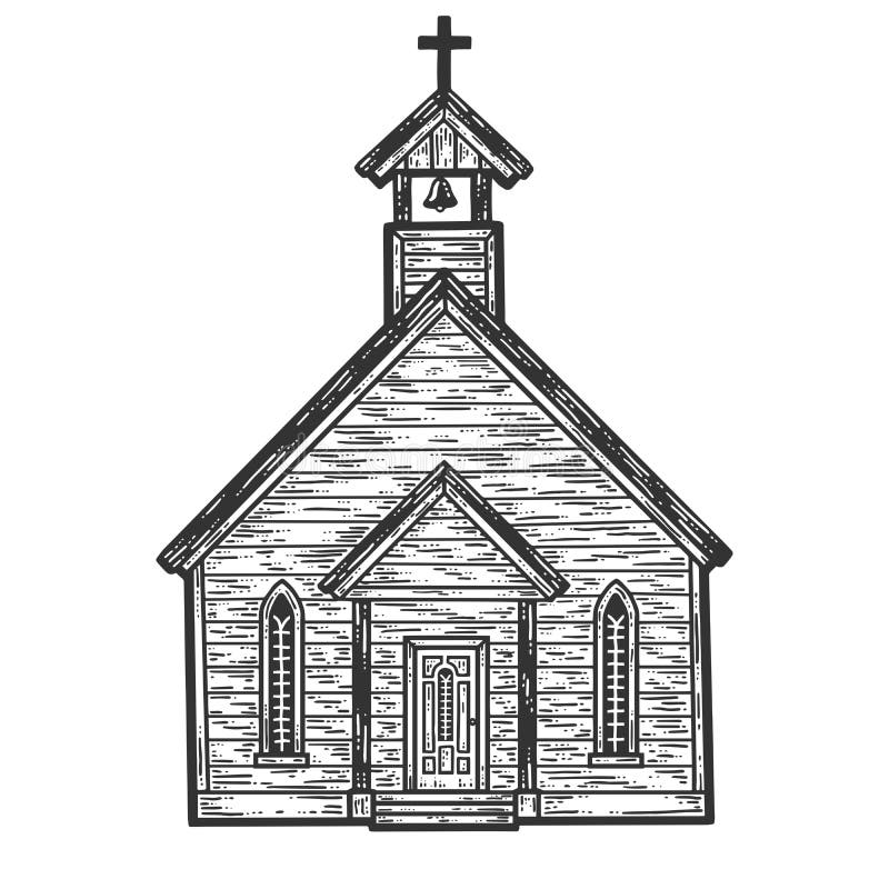 Old wooden church, monastery. Sketch scratch board imitation. Black and white. Engraving raster illustration