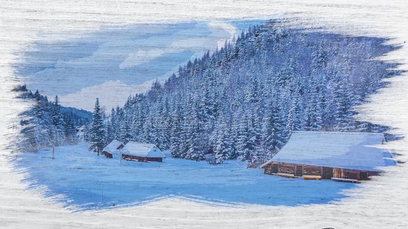 Old wooden cottages in winter mountains, watercolor painting