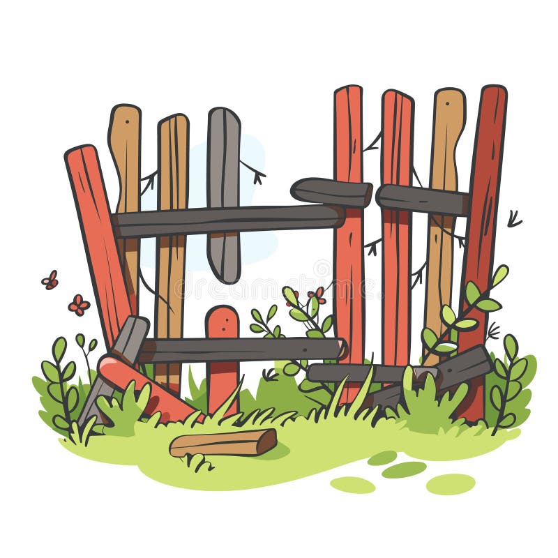Gard de lemn vechi distrus în zona rurală înconjurată de plante verzi. lemn royalty free illustration