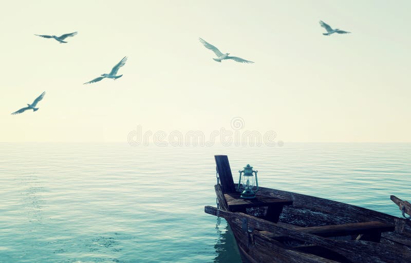 Old wooden fishing boat floating over calm blue sea and sky