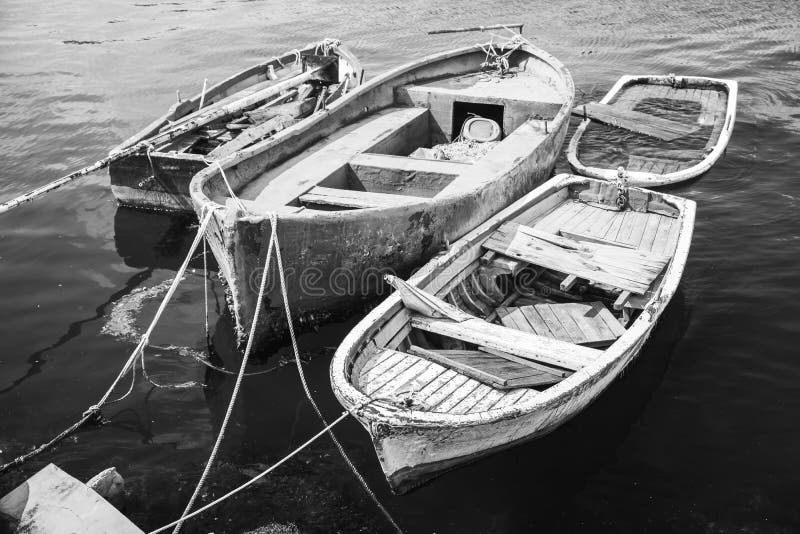 Old Wooden Fishing Boats, Black And White Stock Image 