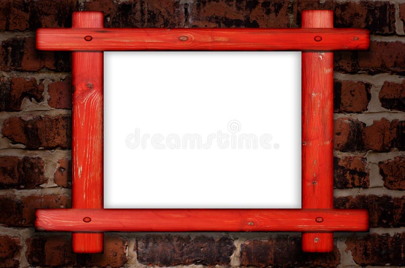 Old wooden frame against a brick wall with copy space in the centre stock images Old wooden frame against a brick wall with copy space in the centre stock images