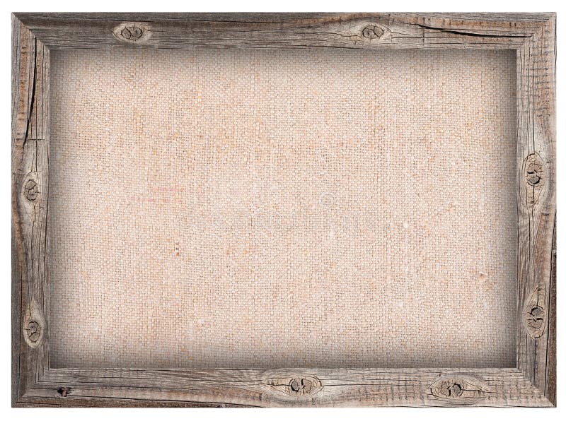 Old wooden frame with burlap background