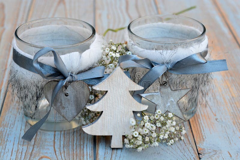 Old wooden grey shelves with grey white Christmas wooden decoration