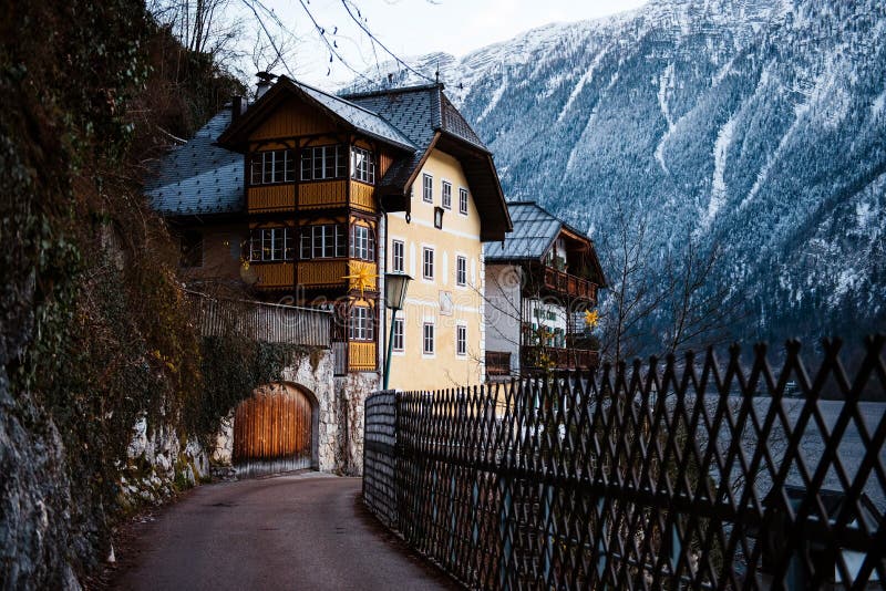 Old wooden houses on riverside in Hallstatt