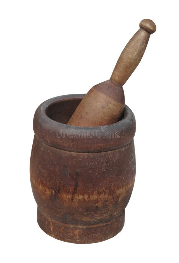 Old wooden mortar and pestle isolated.