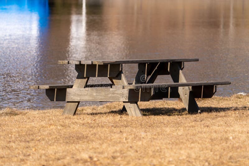 Old Wooden Picnic Table on a Lake Shore Stock Image Image of wood