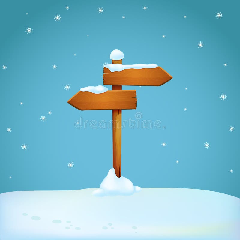 Old wooden signpost covered with snow on the snowy ground. Two arrow shaped planks pointing in different directions. vector illustration Old wooden signpost covered with snow on the snowy ground. Two arrow shaped planks pointing in different directions. vector illustration