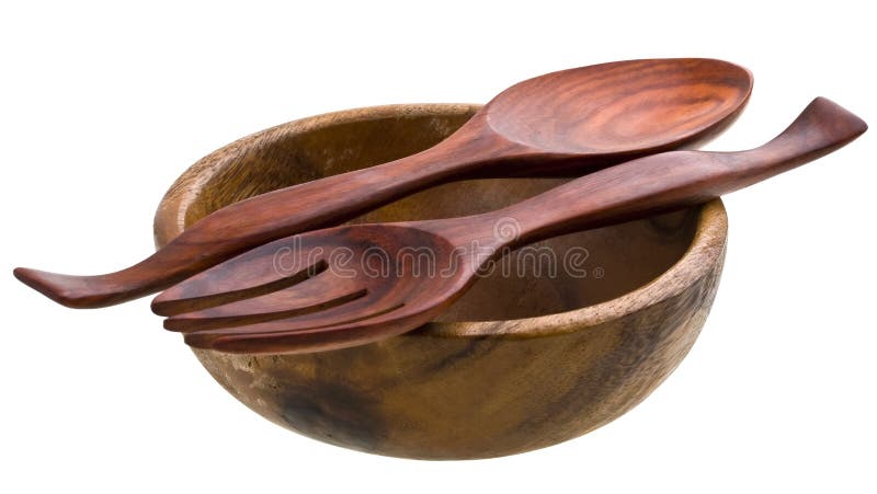 Old wooden spoon, fork and basin isolated on white