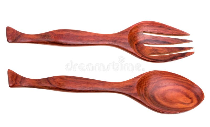 Old wooden spoon and fork isolated on white