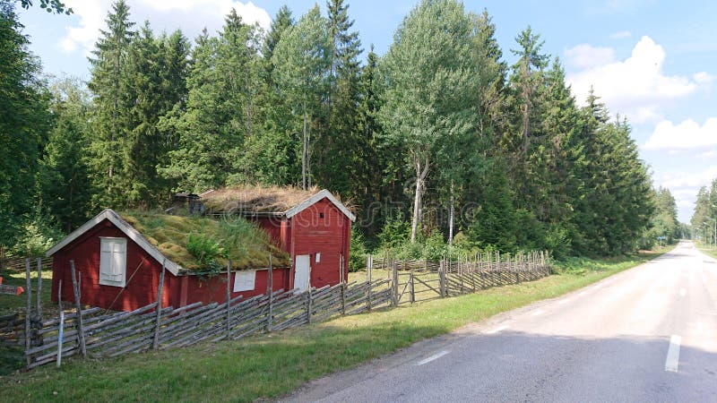 An old wooden Swedish farm by the national road with grass on the roof in the middle of Swedish forests and fields.A half-timbered fence around Yxnan�s, �lmeboda, Sweden. An old wooden Swedish farm by the national road with grass on the roof in the middle of Swedish forests and fields.A half-timbered fence around Yxnan�s, �lmeboda, Sweden