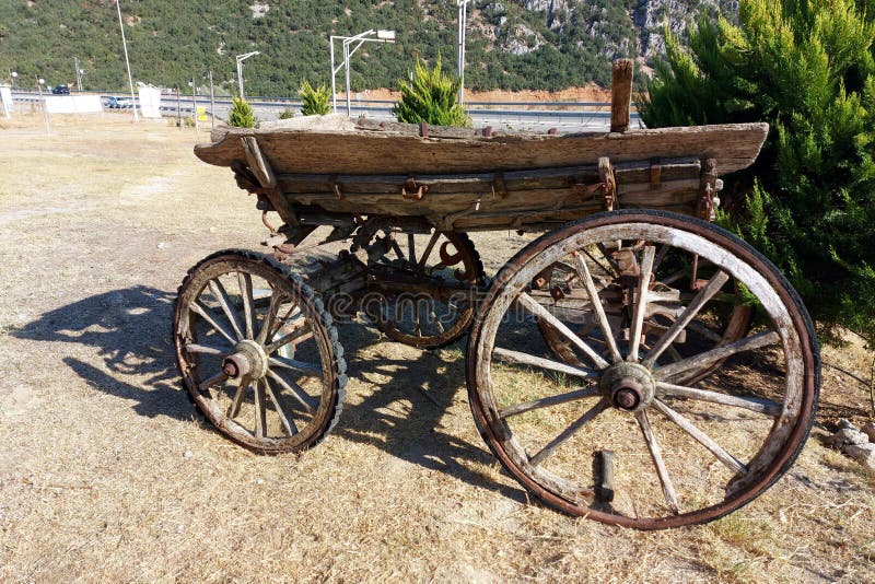 Old wooden Turkish cart. A cart with large wheels from the last century.