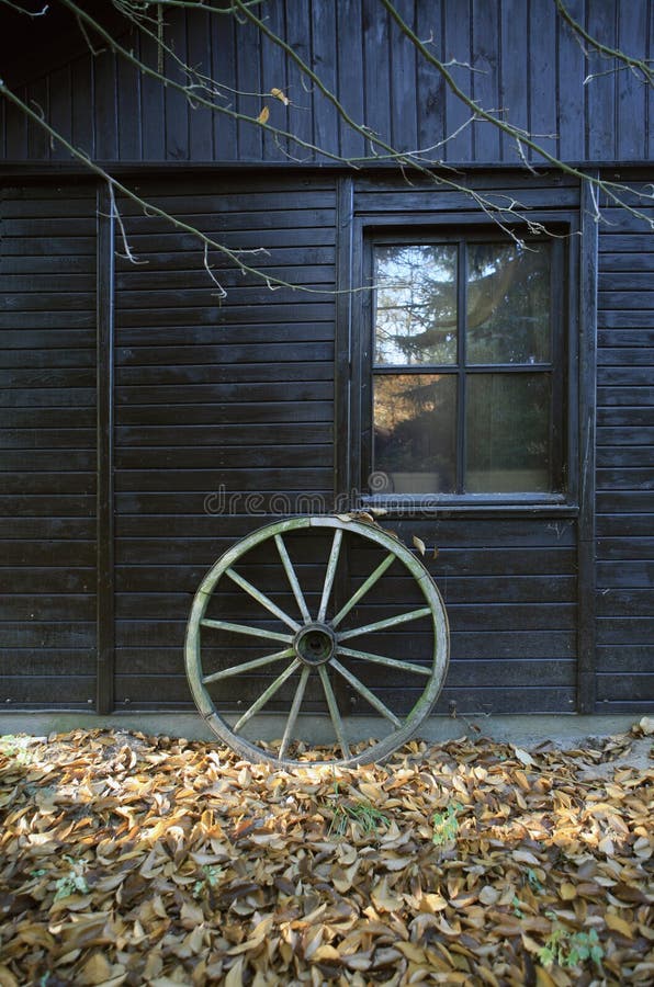 Old wooden wheel in autumn stock photo