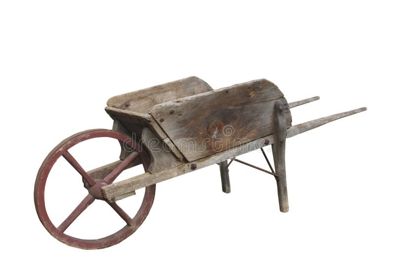 Old wooden wheel barrow isolated.