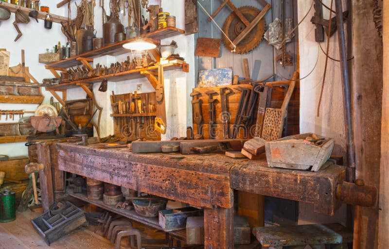 Old Woodworkers Shop with a Vintage Woodworkers Bench Stock Image