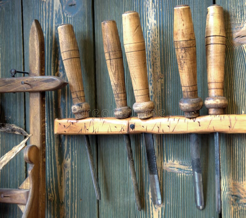Old woodworking tools on wall