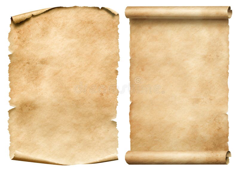 Old worn paper sheet and scroll isolated on white stock photos