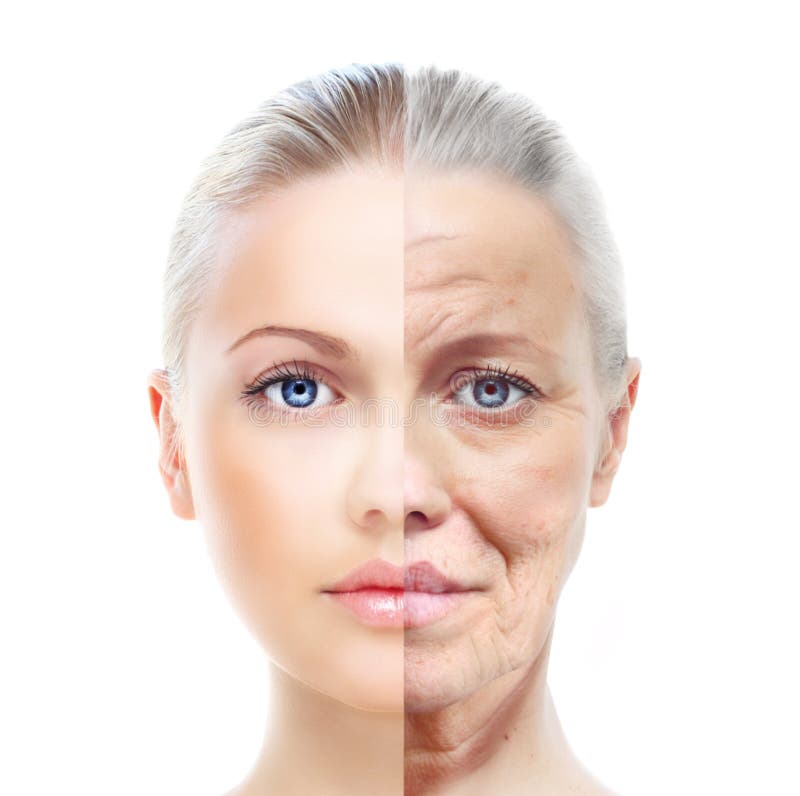 Old and young woman, isolated on white, before and after retouch