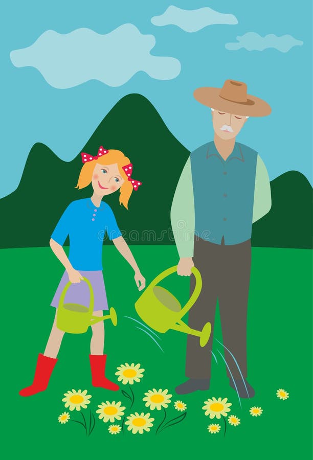 Older Man and Girl Watering Flowers Stock Vector - Illustration of male ...
