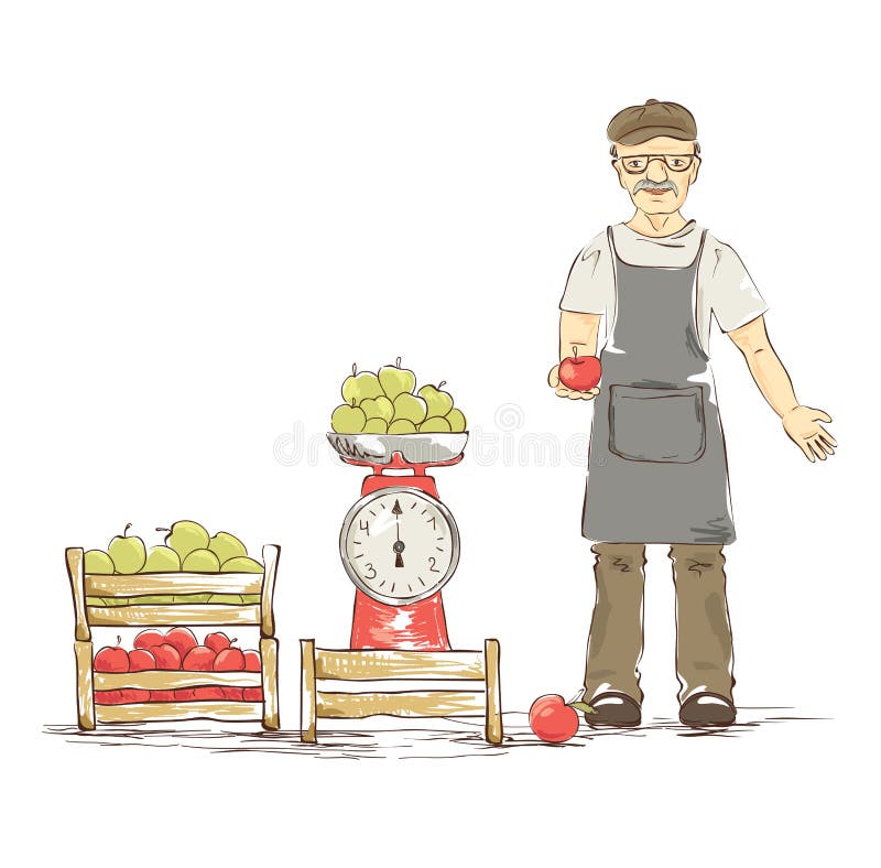 An older man sells apples. Funny illustration.