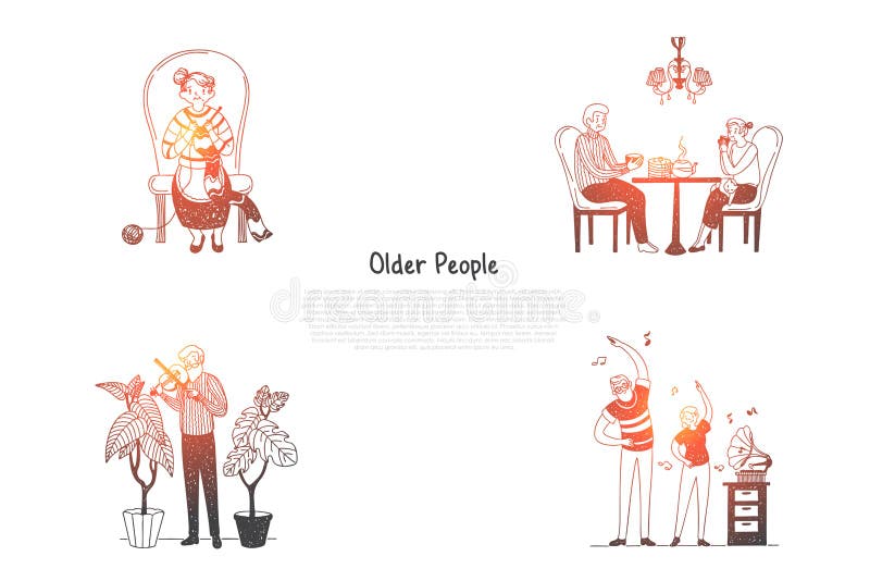 Older people - elderly people knitting, drinking tea, playing violin and making exercises with grandchildren vector concept set. Hand drawn sketch isolated illustration