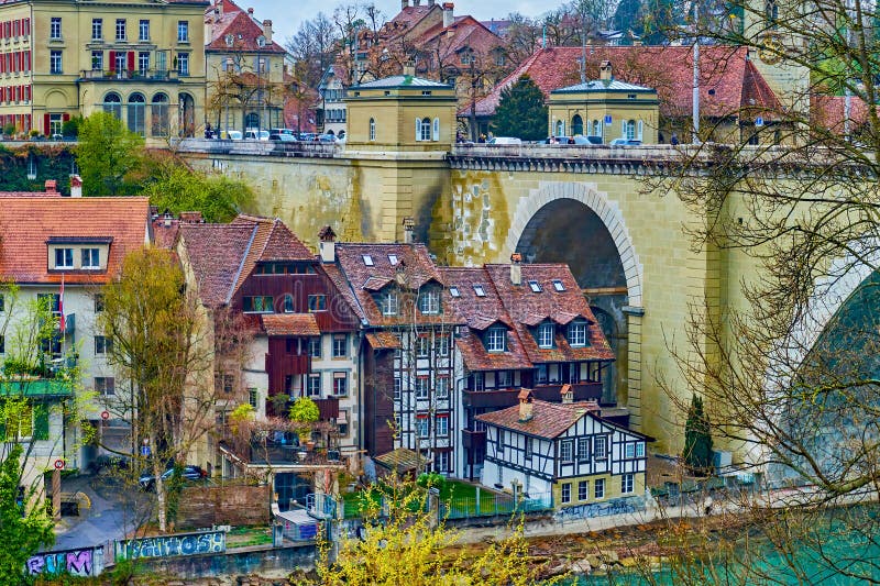 The oldest part of Bern, with small half-timbered houses on. the riverside, Switzerland royalty free stock photo