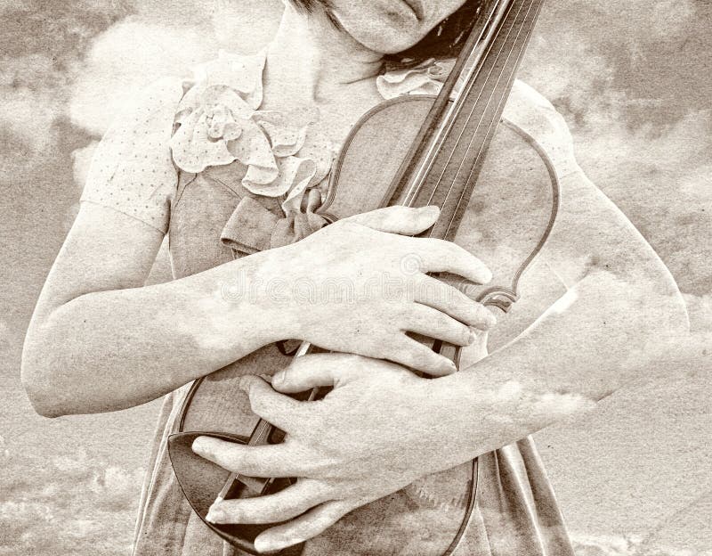 Olhar guardando fêmea do vintage do violino imagem de stock royalty free Olhar guardando fêmea do vintage do violino imagem de stock royalty free