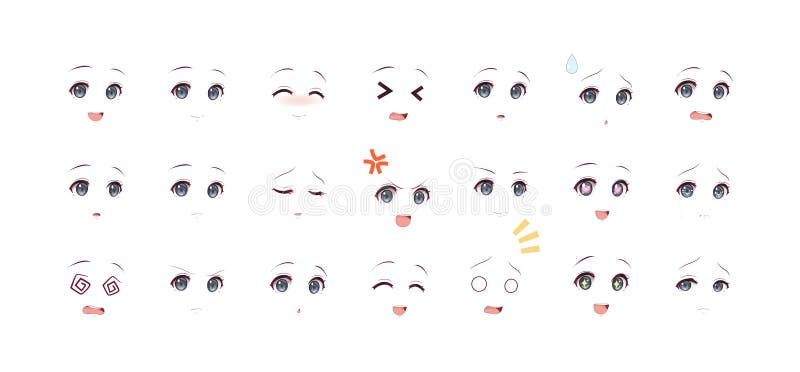 Expressões faciais kawaii de personagens femininos de anime. conjunto de  ilustração vetorial de boca, olhos e sobrancelhas de mulher mangá. emoções  de anime girls dos desenhos animados. desenhos animados, emoção, mangá,  olhos