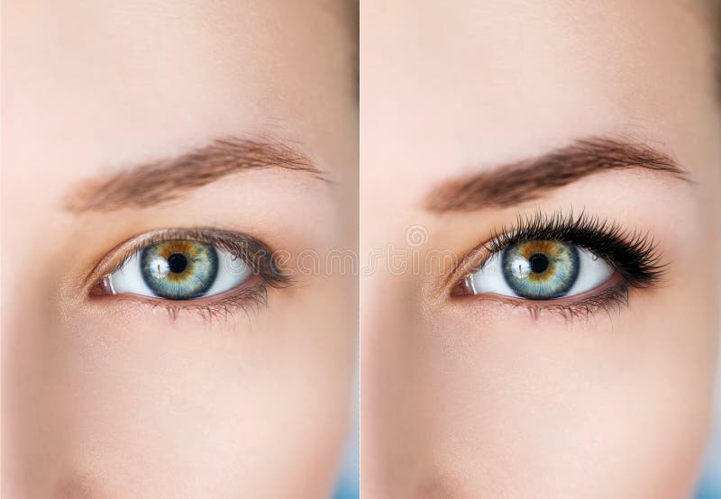 Olhos fêmeas antes e depois da extensão da pestana foto de stock Olhos fêmeas antes e depois da extensão da pestana foto de stock
