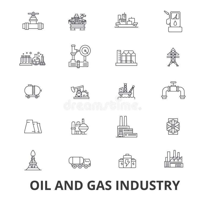 Oil and gas industry, rig, platform, exploration, refinery, energy, industrial line icons. Editable strokes. Flat design vector illustration symbol concept. Linear signs isolated on white background. Oil and gas industry, rig, platform, exploration, refinery, energy, industrial line icons. Editable strokes. Flat design vector illustration symbol concept. Linear signs isolated on white background