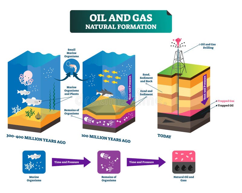 Olie en gas verklaart de natuurlijke vorming geëtiketteerd vectorillustratie regeling
