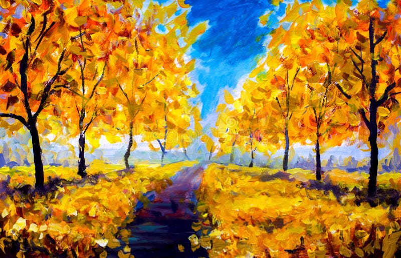 Olieverfschilderij - de herfst, geel gebladerte, park, de herfstbomen vector illustratie Olieverfschilderij - de herfst, geel gebladerte, park, de herfstbomen vector illustratie