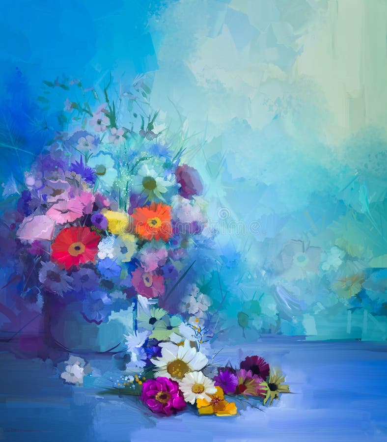 Olieverfschilderijbloemen in vaas Het het stillevenboeket van de handverf van Witte, Gele en Oranje Zonnebloem, Gerbera, Daisy bl stock illustratie Olieverfschilderijbloemen in vaas Het het stillevenboeket van de handverf van Witte, Gele en Oranje Zonnebloem, Gerbera, Daisy bl stock illustratie