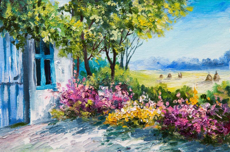 Olieverfschilderijlandschap - tuin dichtbij het huis, kleurrijke bloemen