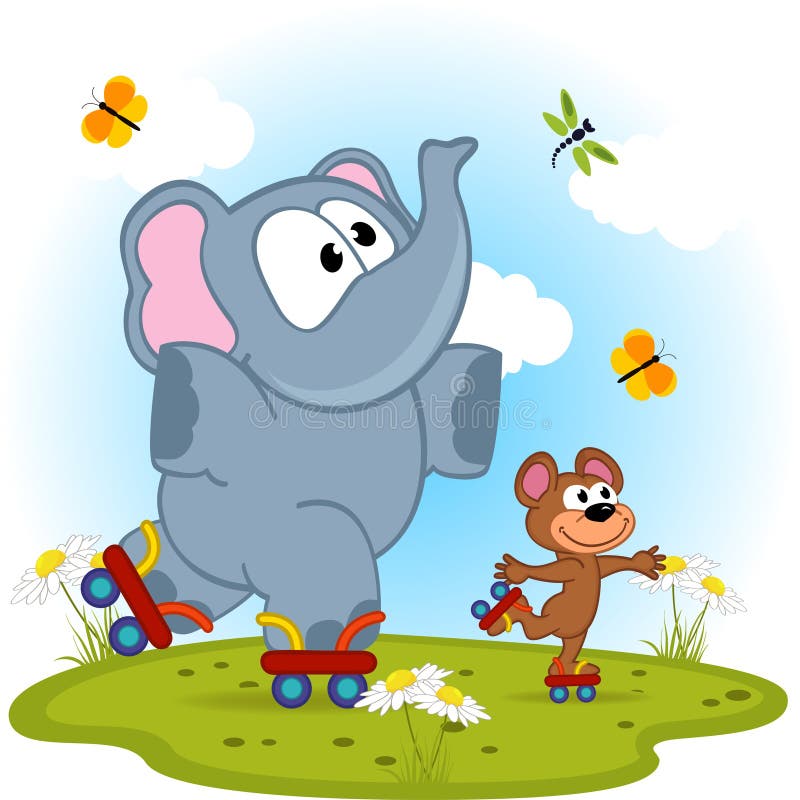 Olifant en muis op rolschaatsen vector illustratie