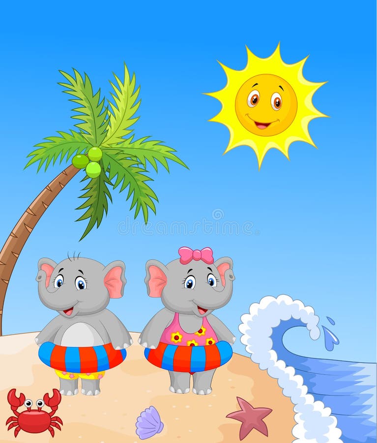 Olifant met opblaasbare ring bij het strand stock illustratie Olifant met opblaasbare ring bij het strand stock illustratie