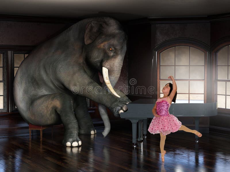 Olifant speelt piano ballet dancer surrealistische muziek
