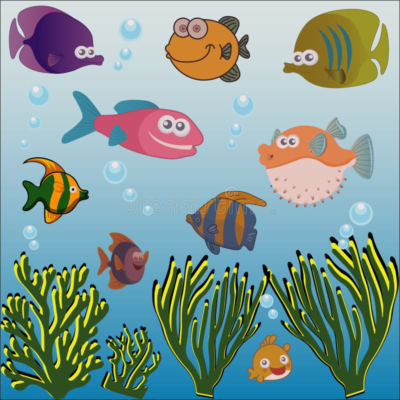 Olik fisk och havsväxt under havet vektor illustrationer Olik fisk och havsväxt under havet vektor illustrationer