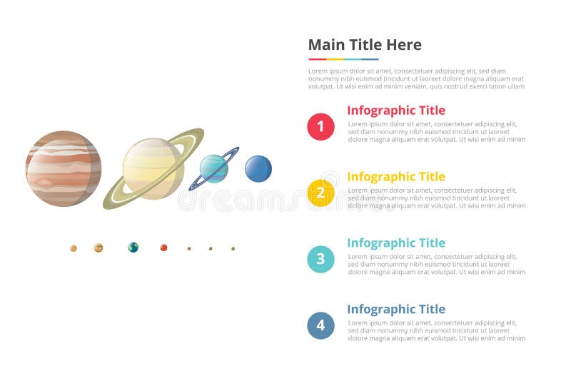 Olik planet i mall för infographics för galaxformatjämförelse med 4 punkter av textbeskrivningen för fritt utrymme - vektorillust vektor illustrationer Olik planet i mall för infographics för galaxformatjämförelse med 4 punkter av textbeskrivningen för fritt utrymme - vektorillust vektor illustrationer