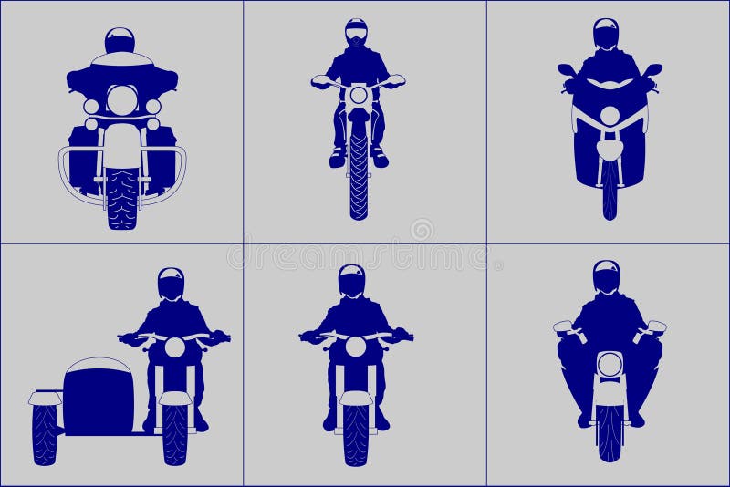 Olik snäll motorcykel med uppsättningen för symbol för främre sikt för ryttare stock illustrationer Olik snäll motorcykel med uppsättningen för symbol för främre sikt för ryttare stock illustrationer