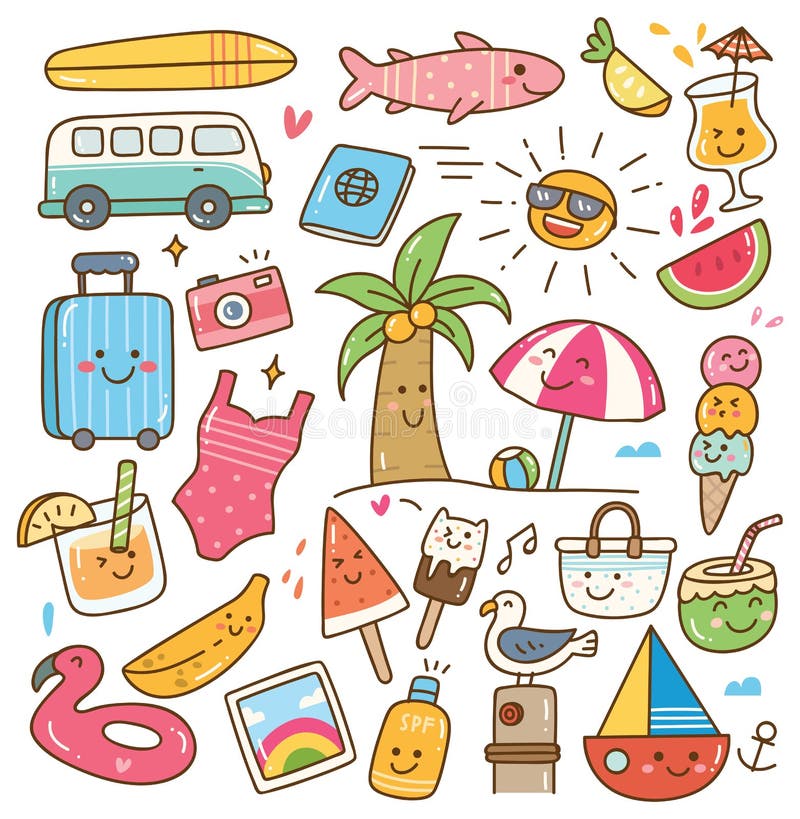 Olik sommar gällde objekt i kawaiistilillustration stock illustrationer Olik sommar gällde objekt i kawaiistilillustration stock illustrationer