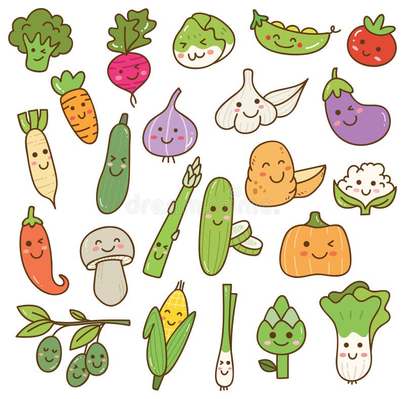Olika grönsaker klottrar kawaiidesignbeståndsdelen stock illustrationer Olika grönsaker klottrar kawaiidesignbeståndsdelen stock illustrationer