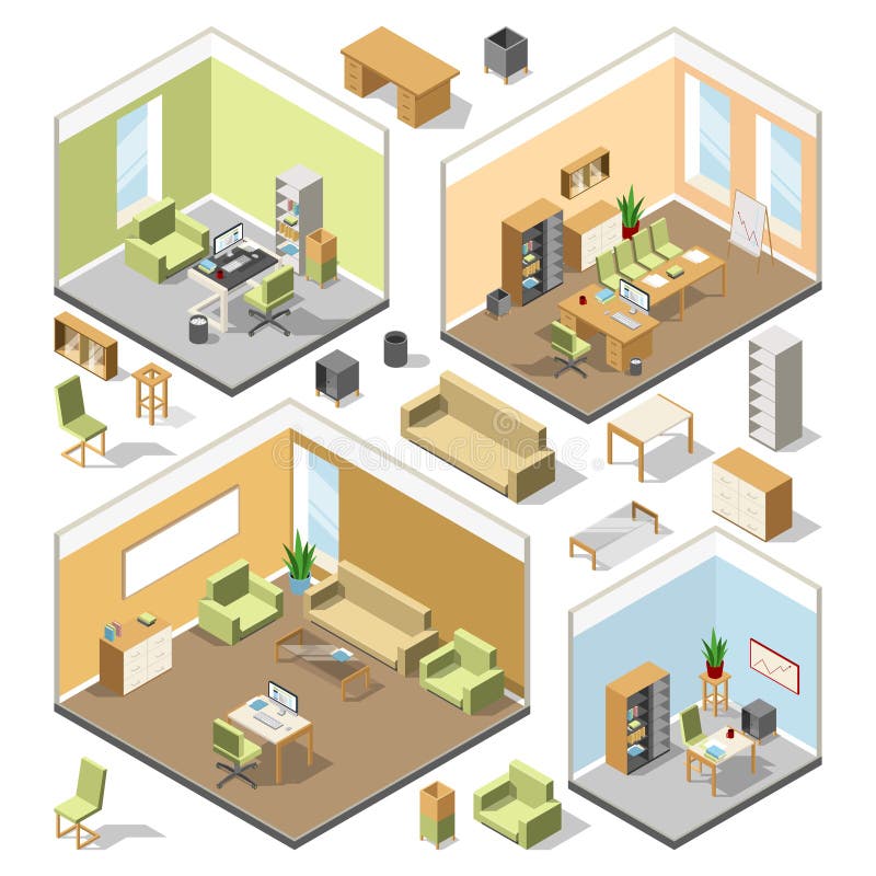 Olika isometriska workspaces med sektions- möblemang Arkitektoniskt plan för vektor 3d royaltyfri illustrationer Olika isometriska workspaces med sektions- möblemang Arkitektoniskt plan för vektor 3d royaltyfri illustrationer