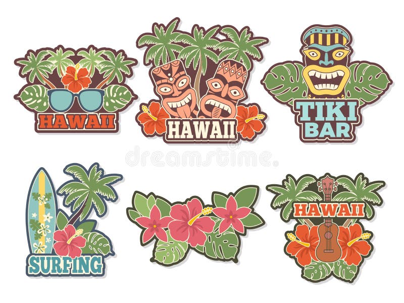 Olika kulöra klistermärkear och emblem ställde in med symboler av hawaiansk kultur stock illustrationer Olika kulöra klistermärkear och emblem ställde in med symboler av hawaiansk kultur stock illustrationer