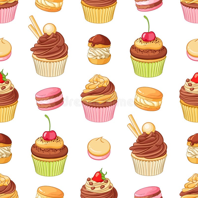 Various cute bright colorful chocolate desserts cupcakes, profiteroles and macaroons. Seamless vector pattern on white background. Various cute bright colorful chocolate desserts cupcakes, profiteroles and macaroons. Seamless vector pattern on white background.