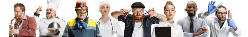 Olika personer män och kvinnor som visar olika yrken och som mot bakgrund av vitt. kollage. arkivfoton