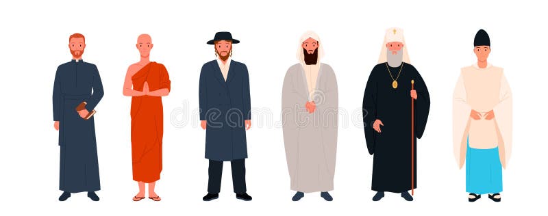 Set of different religious clerics. Religious leader or priest in traditional clothes, saint tradition, church episcopal worker, member of clergy cartoon vector illustration. Set of different religious clerics. Religious leader or priest in traditional clothes, saint tradition, church episcopal worker, member of clergy cartoon vector illustration